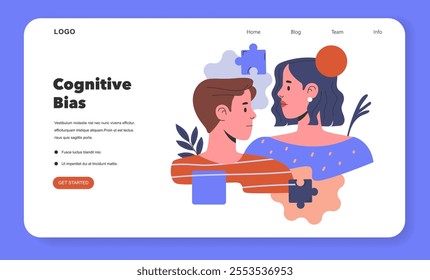 Cognitive Bias concept web banner with man and woman fitting puzzle pieces in a thought bubble. Website psychology content illustration. Vector illustration.