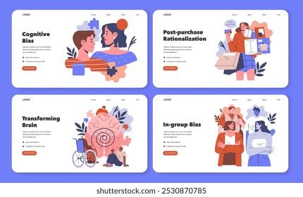 Cognitive Bias set. Exploring mental processes from perception shifts to adaptable thinking. Emotions management and educational growth. Vector illustration.