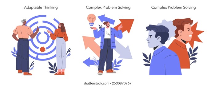 Bias cognitivo definido. Ilustração que descreve o pensamento adaptável e a resolução complexa de problemas com personagens. Decisões estratégicas, flexibilidade e inovação em desafios. Ilustração vetorial.