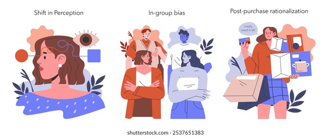 Bias cognitivo definido. Ilustração de fenômenos psicológicos incluindo mudança de percepção, viés dentro do grupo e racionalização pós-compra. Compreender os atalhos mentais e a tomada de decisões. Vetor