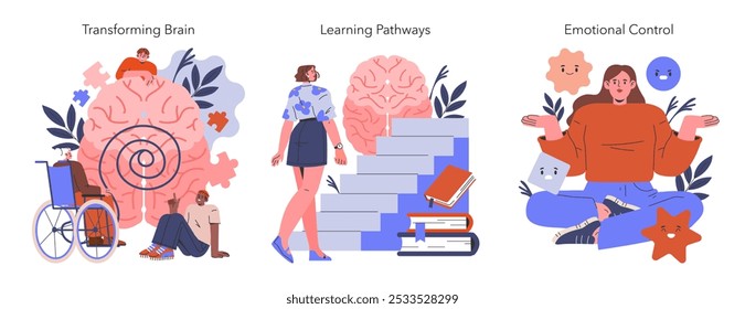 Bias cognitivo definido. Compreender os processos mentais no desenvolvimento do cérebro, progressão da aprendizagem e regulação da emoção. Adaptabilidade e motivação educacional. Ilustração vetorial.
