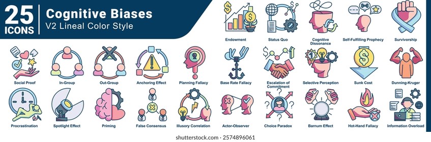 Cognitive Biases icon bundle 25 in lineal Color style