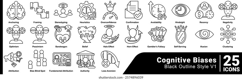 Cognitive Biases icon set 25 in line style