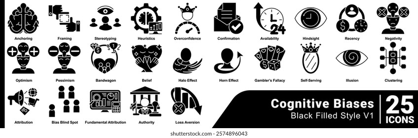 Cognitive Biases icon set 25 in Black Filled style