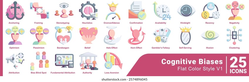 Cognitive Biases icon set 25 in Flat Color style