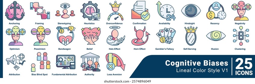 Cognitive Biases icon set 25 in lineal Color style