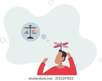 Cognitive biases and psychological mind logic issues.Judgment about career, work or finances versus love,flat design with people.