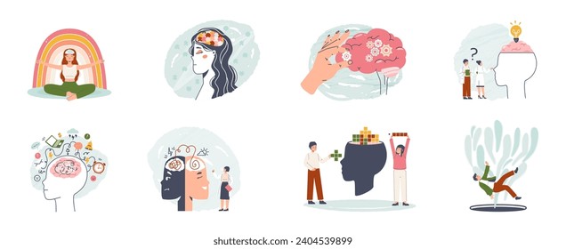 Cognitive brain and calm mind support. Teenagers develop mental connections, head and soul training. Creativity and psychology, snugly vector scenes