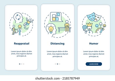 Pantalla de aplicación móvil de cambio cognitivo. Recorrido de regulación emocional 3 pasos instrucciones gráficas editables con conceptos lineales. UI, UX, plantilla GUI. Multitud de tipos de letra Pro-Bold, con uso regular