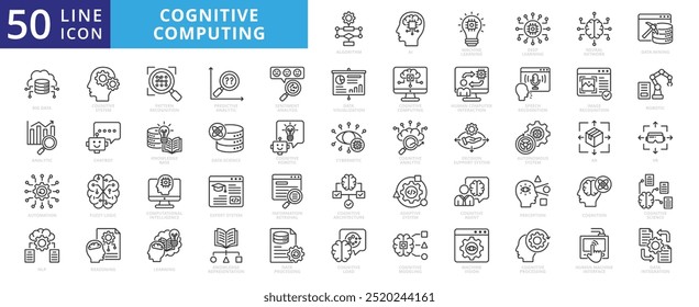 Cognitive computing icon set outline vector collection. Containing algorithm, ai, machine learning, deep learning, neural network icons.