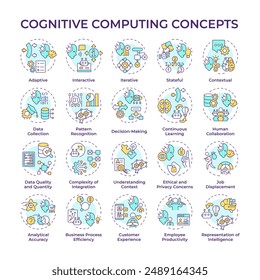 Cognitive computing multi color concept icons. Artificial intelligence. Computational thinking. Data science. NLP. Icon pack. Vector images. Round shape illustrations. Abstract idea