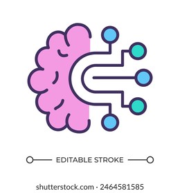 Cognitive computing RGB color icon. Human brain and electronic circuitry. Artificial intelligence. Machine learning. Isolated vector illustration. Simple filled line drawing. Editable stroke