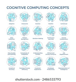 Iconos de concepto de computación cognitiva azul suave. Inteligencia artificial. Pensamiento computacional. Procesamiento del lenguaje natural. Paquete de iconos. Imágenes vectoriales. Ilustraciones de forma redonda. idea Abstractas