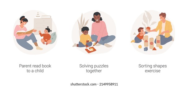 Cognitive and creative skills in home education isolated cartoon vector illustration set. Parent read book to a child, solving puzzles together, sorting shapes, mental ativity vector cartoon.