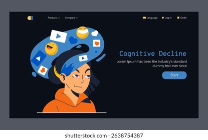 Cognitive decline illustration representing the impact of digital content overload. A character with distracting media elements around the head reflects the struggle to maintain focus and clarity