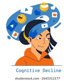 Cognitive decline influences are represented through a figure with a playful expression, surrounded by digital icons that evoke modern distractions. This illustration highlights the impact of