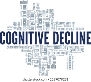 Cognitive Decline Word Cloud konzeptuelles Design einzeln auf weißem Hintergrund.