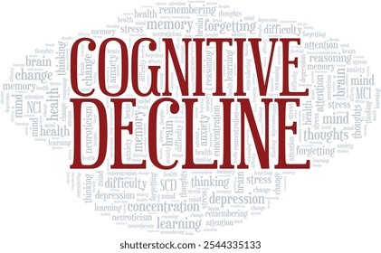 Cognitive Decline Word Cloud konzeptuelles Design einzeln auf weißem Hintergrund.