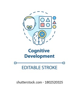 Cognitive development concept icon. Toddlers brain growth. Children preschool education. Baby care center idea thin line illustration. Vector isolated outline RGB color drawing. Editable stroke