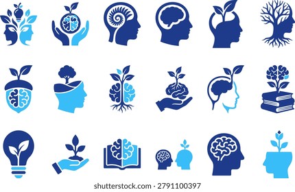 Cognitive development and learning symbols human head with growing plant inside brain evolution science education concepts.