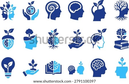 Cognitive development and learning symbols human head with growing plant inside brain evolution science education concepts.