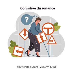 Cognitive dissonance. Mental and psychological phenomenon. Cognitive conflict and distortion, mental discomfort. Flat vector illustration