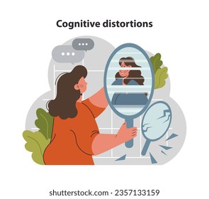 Cognitive distortion. Mental and psychological phenomenon or condition. Woman holding a mirror with distorted reflection. Derealization or depersonalization. Flat vector illustration