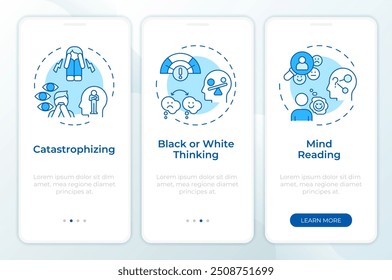 Cognitive distortions blue onboarding mobile app screen. Walkthrough 3 steps editable graphic instructions with linear concepts. UI, UX, GUI template