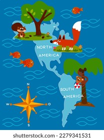 Cognitive educational map silhouette of the continents of North and South America with animals living there and a wind rose for the youngest children  Vector