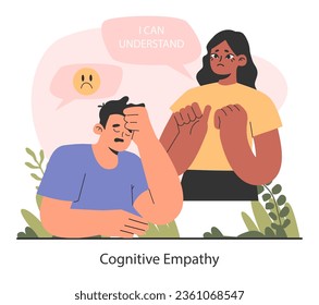 Cognitive empathy. Deep understanding of emotions, sympathy and compassion. Emotional support or comfort, friendship connection. Flat vector illustration