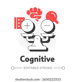 Cognitive flat outline concept icon. Document verification, paperwork. Work life balance. Measurement scales. Modern line illustration with red glyphs. Conceptual visual. Easy to edit
