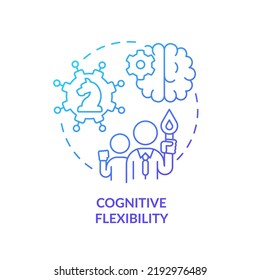 Icono de concepto de gradiente azul de flexibilidad cognitiva. Capacidad mental para ajustar. Ilustración de línea delgada de idea abstracta con flexibilidad de líder. Dibujo de contorno aislado. Multitud de fuentes Pro-Bold utilizadas