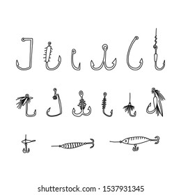 cognitive flyer fishing hook hand drawn sketch. invention catching fish various kinds, tackle simple type, intricate devices bait successful fishing, pleasant relaxation, sport, pastime.
