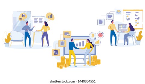 Cognitive Flyer Set Achievement Goals Together. Man and Woman Workplace Discuss Figures on Chart. Employees Congratulate Each Other their Profit. Vector Illustration on White Background.