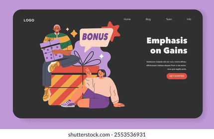 Cognitive Framing concept. Digital illustration of diverse characters with a bonus gift, promoting positive incentives on a website layout. Varied elements highlighting reward context. Vector