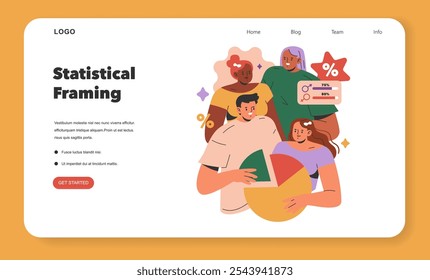 Cognitive Framing concept. Diverse individuals analyze data represented by a pie chart, symbolizing teamwork in decision making. Modern webpage interface design. Vector illustration.