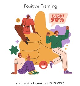 Cognitive Framing concept. Illustration of diverse individuals experiencing positive mindset with a success message. Perception shaping through optimism. Vector illustration.