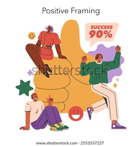 Cognitive Framing concept. Illustration of diverse individuals experiencing positive mindset with a success message. Perception shaping through optimism. Vector illustration.