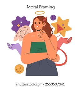 Cognitive Framing concept. An illustration of a person deliberating between angel and devil figures, symbolizing moral choices and conscience. Vector illustration.