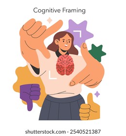 Cognitive Framing concept. An illustration presenting the human brain amidst various shapes and thumbs-up gestures. Mental perception interpretation visualized. Vector illustration.