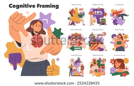 Cognitive Framing concept. Illustration of various cognitive biases and decision-making influences. Positive and negative frames with emotional and moral implications. Vector illustration.