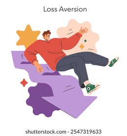 Cognitive Framing concept. An individual in a dynamic pose, visualizing the psychological principle of loss aversion. Psychology and decision-making process. Vector illustration.