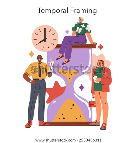 Cognitive Framing concept. People interacting with a large hourglass and clock, illustrating the perception of time. Personal and professional time management. Vector illustration.