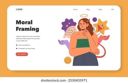 Cognitive Framing concept. Representation of moral dilemma with angel and devil figures whispering to a thoughtful woman. Ethical decision-making challenges. Vector illustration.