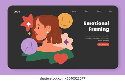 Cognitive Framing concept. Woman surrounded by abstract shapes representing diverse emotions on a website interface. Psychological concept illustration. Vector illustration.