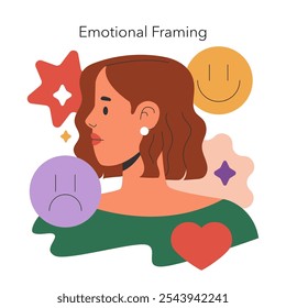 Conceito de enquadramento cognitivo. Uma mulher cercada por símbolos representando diferentes emoções e estados de espírito. Psicologia e percepção no comportamento humano. Ilustração vetorial.