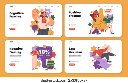 Cognitive framing set. Illustrates positive and negative mindset influence on perception. Behavior, decision making, and success rates. Vector illustration.