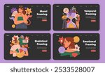 Cognitive Framing set. Illustration of various framing strategies in decision-making and perception. Moral, temporal, statistical, and emotional approaches. Vector illustration.