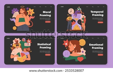 Cognitive Framing set. Illustration of various framing strategies in decision-making and perception. Moral, temporal, statistical, and emotional approaches. Vector illustration.