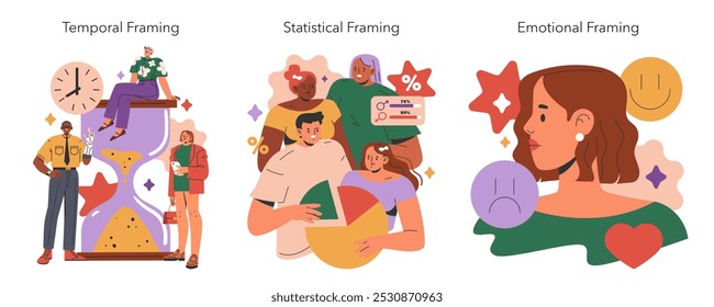 Cognitive Framing set. Illustrations of temporal, statistical, and emotional framing in decision-making. Colorful representations of time, data, and emotion influence. Vector illustration.
